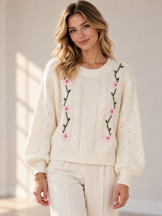 POL Sweaters - POL NWOT Ivory Floral Embroidered Cable Knit Puff Sleeve Sweater Size M